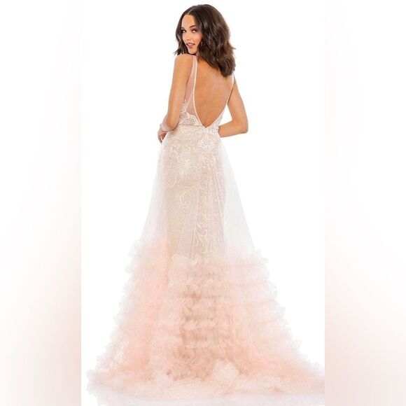 $998 Mac Duggal 11183 Lace Ruffle Tiered Plunge Neck Gown Dress Peach 4 - Picture 4 of 13